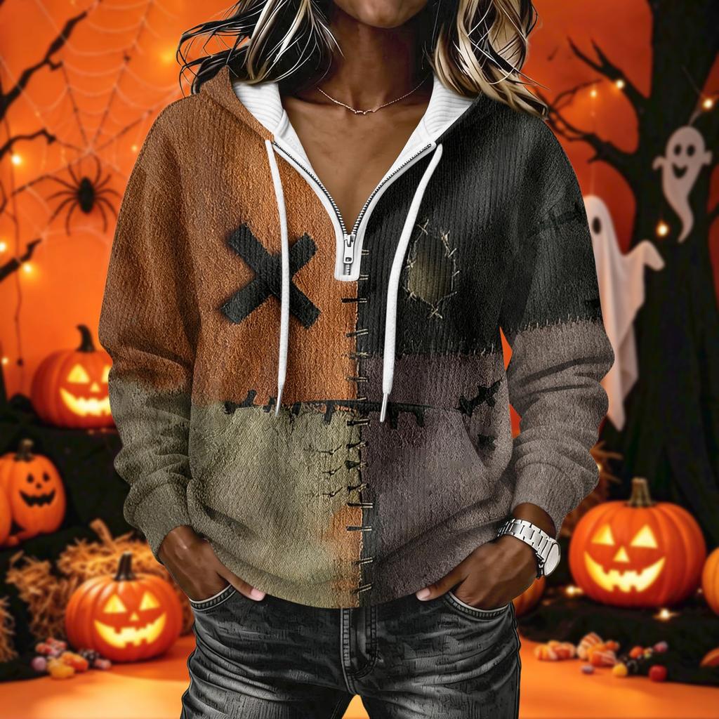 Felpa con cappuccio e stampa di Halloween da donna a maniche lunghe