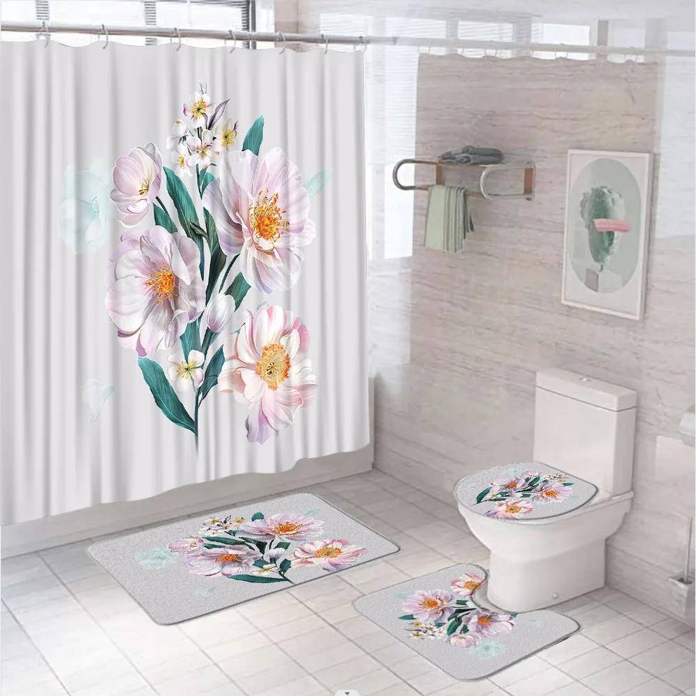 

Colorful Plant Botanical Wildflower Flowers Shower Curtain Set Garden Floral Butterfly Bathroom Decor Rug Bath Mat Toilet Cover W60H190(CM)-1 Pcs