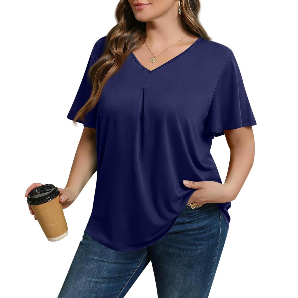 Women's Plus Size Fashionable Casual Loose-Fit Short Sleeve Elegant V Neck Blouse For Work