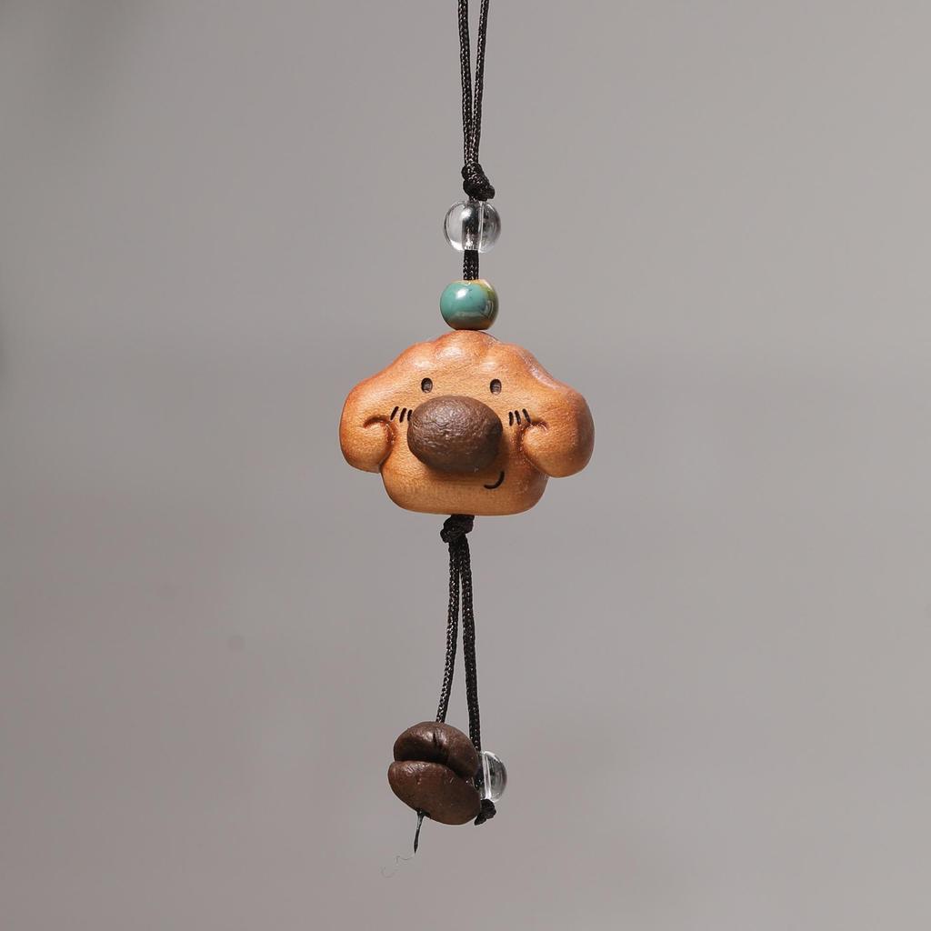 Peach Wood Coffee Bean Bear Pendant Keychain & Necklace Accessory