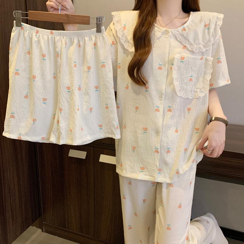 Fashion And Simple Style Summer Pajamas Women'S Tulip Cloud Cotton Loungewear Doll Collar Short Sleeve Three-Piece Set