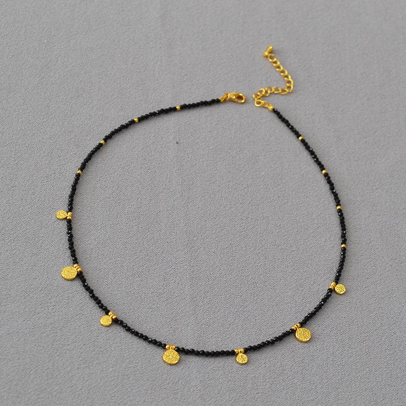 

European and American niche retro lapis lazuli turquoise beaded gold coin pendant simple temperament fine necklace collarbone chain