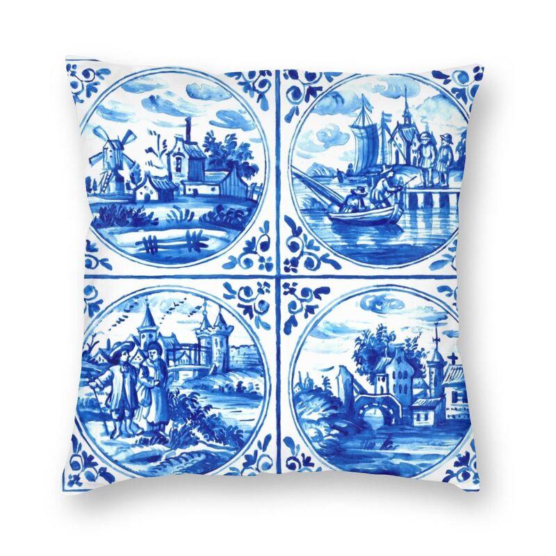 Lu Xika Chen Unisex Blue Modern Dutch Delft Tiles Sofa Cushion Cover Soft Vintage Sailboat Windmills Art Throw Pillow Case Decoration