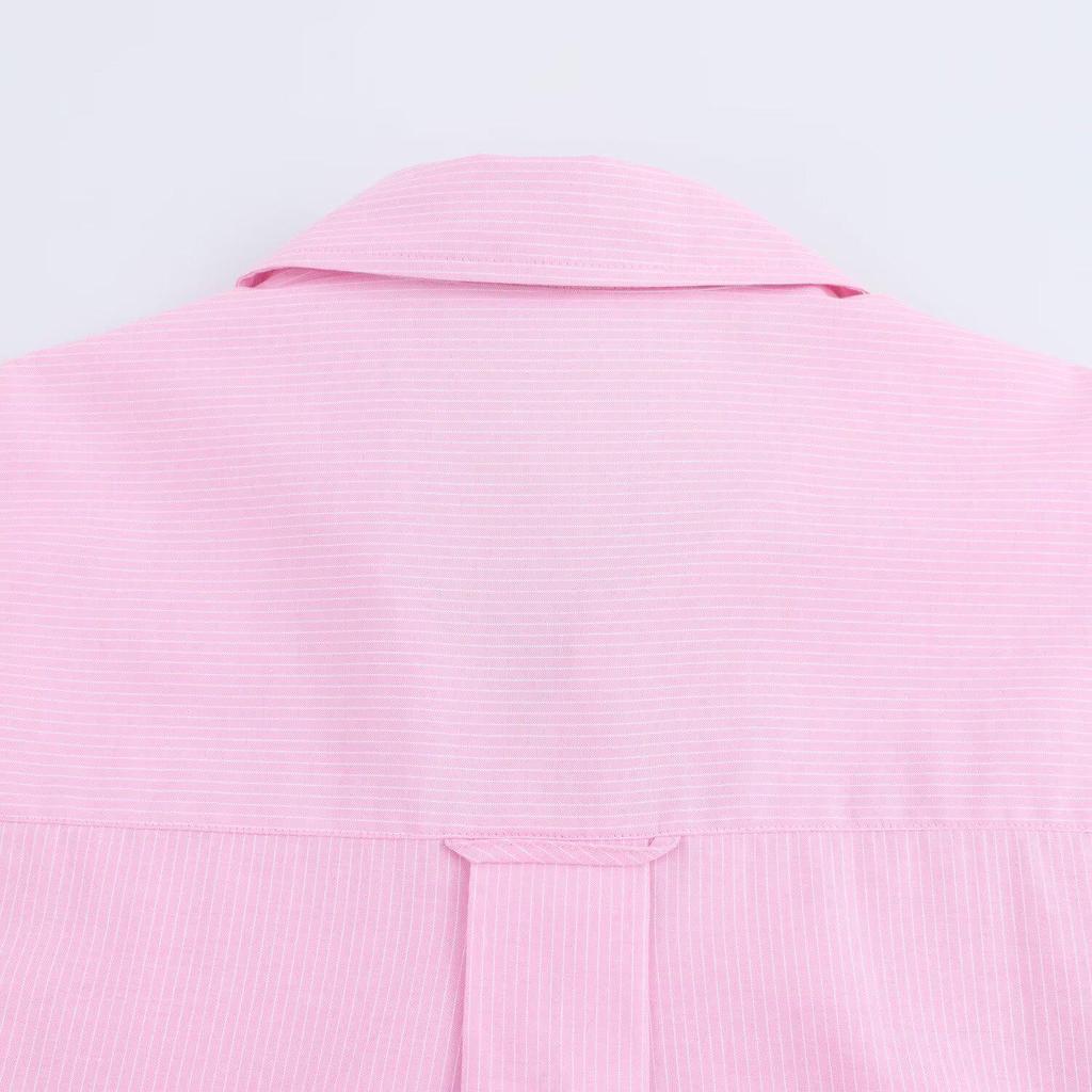 2025 Spring Women's Casual Striped Oxford Shirt with Turn-Down Collar