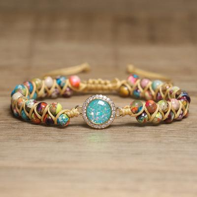 Rainbow Ceramic Bead Bracelet – Opal Crystal Accent Adjustable Boho Jewelry, Joyful Energy Gift for Women