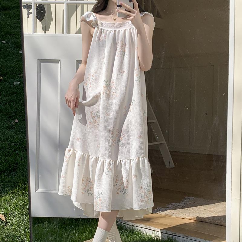 Cloud Cotton Summer New Small Fresh and Colorful Flower Cool Nightdress Light Breathable Pajamas Long Skirt Women's Loungewear