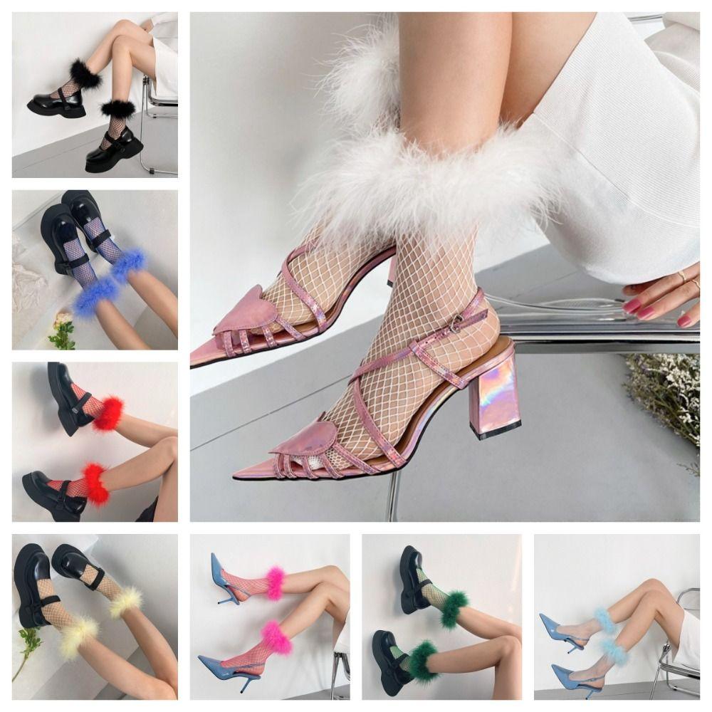 Grid Hollow Out Socks Bright Color Socks Women Y2K Feather Fishnet Stockings Music Festival