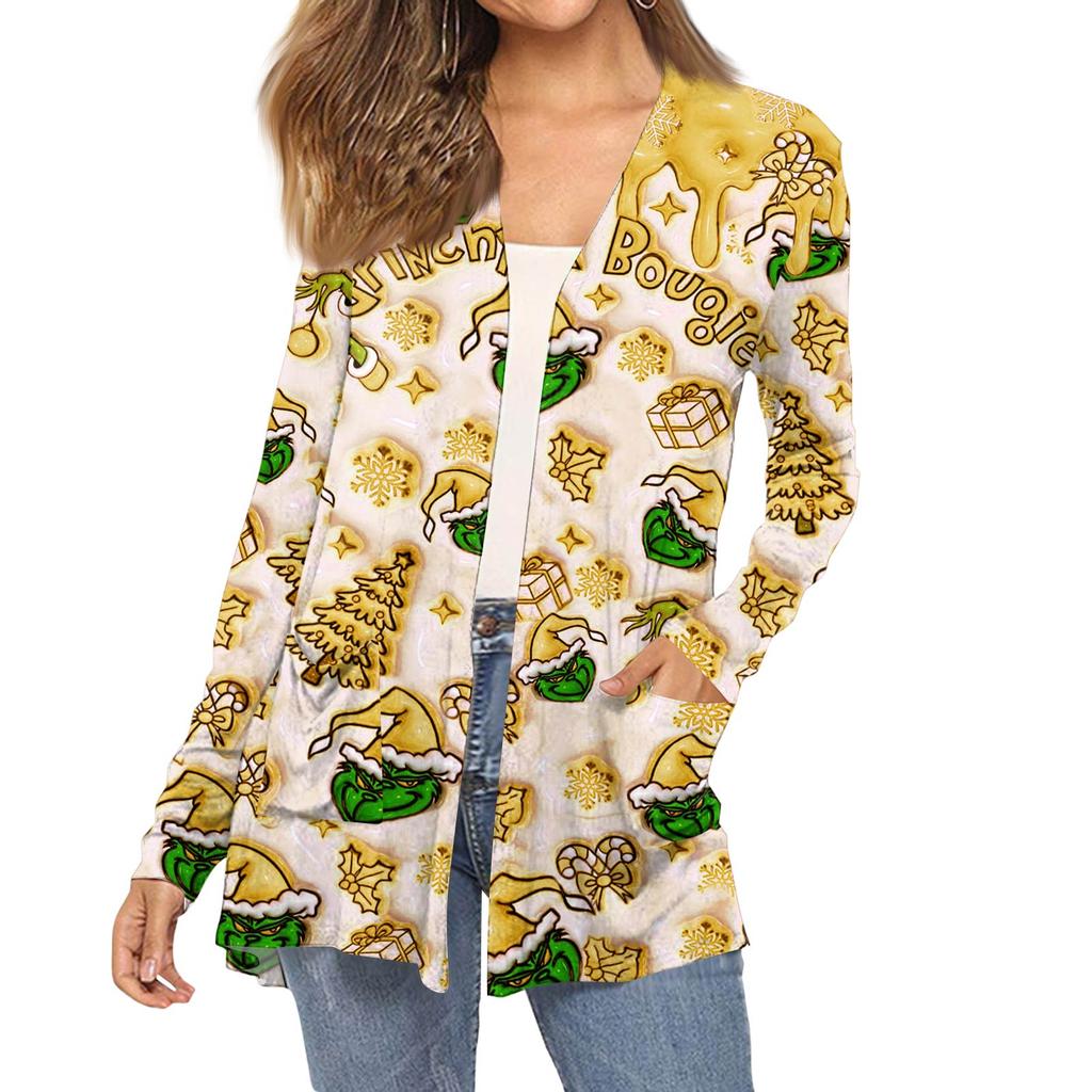 Women's Fashion Christmas Print Long-Sleeved Pocketed Slim-Fit Cardigan Coat