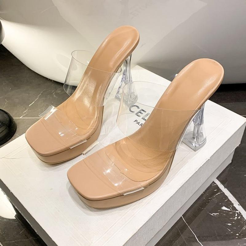 Sandali estivi da donna con tacco da 9 cm, pantofole in gelatina, sexy, aperte, punta quadrata, tacchi alti, pantofole trasparenti da donna, sandali trasparenti con tacco
