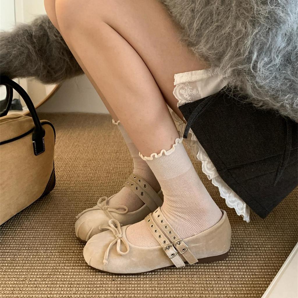 Princess On the Run~ French Soft-soled Velvet with Mary Jane Shoes Women's Early Spring Festival Fairy Bow Single Shoes