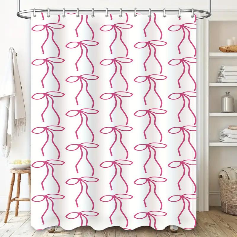 Pink Bow Pattern Shower Curtain Decorative Water Proof Bathroom Hanging Liner Set for Home Decor