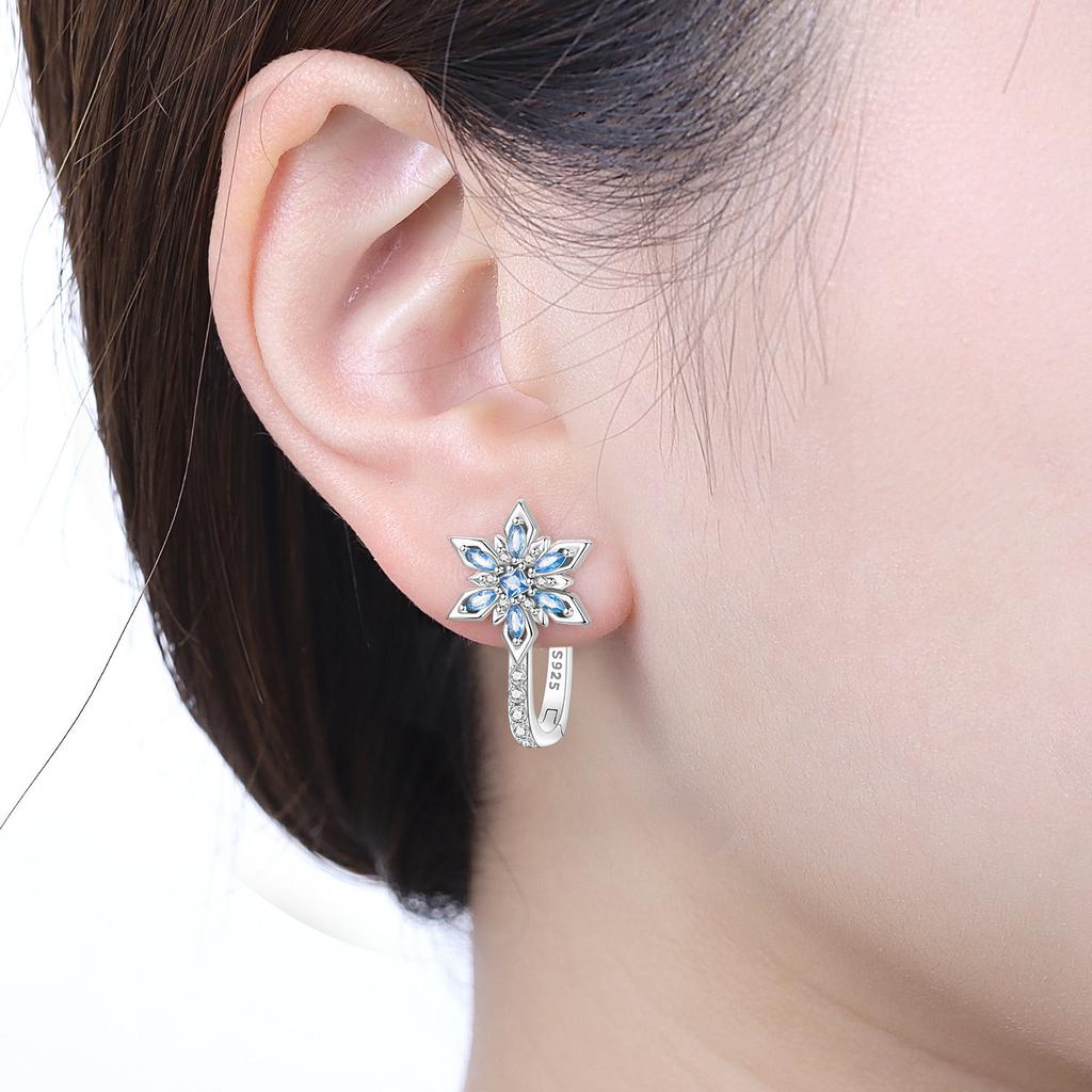 Orstarry S925 Silver Earring Winter Blue Snowflake Hoop Earrings Elegant Fashion Jewellery Women Gift