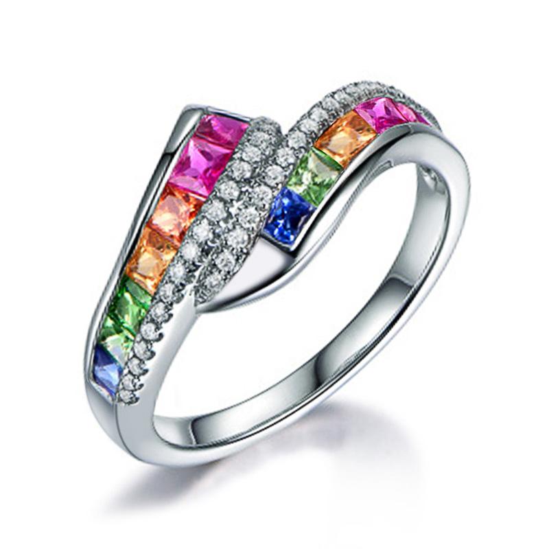 Unique Rainbow Color Finger-ring for Women Engagement Party Fashion Ring New Jewelry Brilliant Cubic Zirconia Accessories