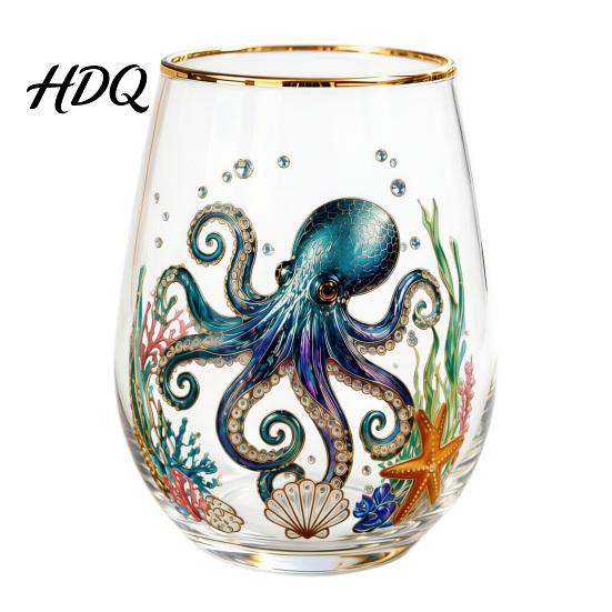 Hand-painted Glass Cup Hand Painted Tumbler Egg Shaped with Gold Rim Clear