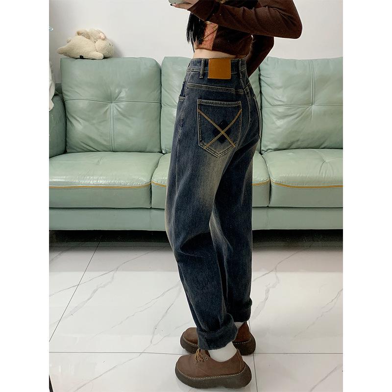 High-Waisted Fleece-Lined Loose Harem Jeans for Women - Plus Size Slimming Dad Pants, 2024 Autumn/Winter Collection