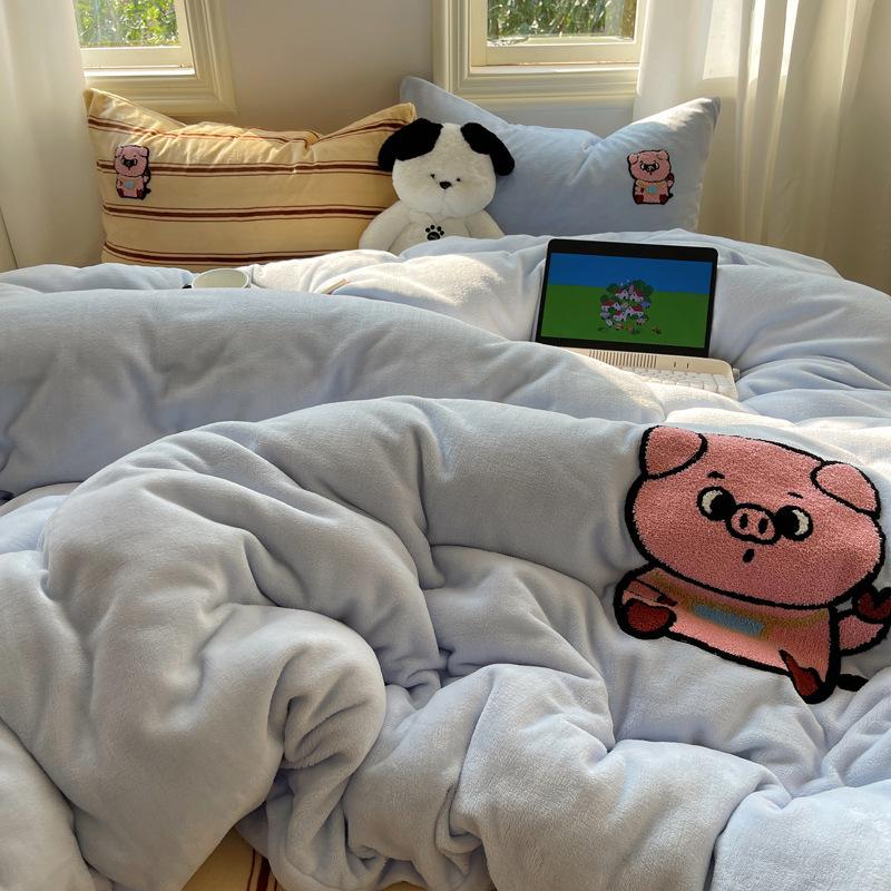 

Мультяшный утолщенный молочный флис, постельный набор из четырех предметов, вышивка, теплый коралловый флис, пододеяльник, детский набор из трех предметов 1.2m sheet 3pc| 150x200 quilt core