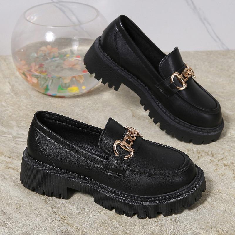 Women's Thick Heel Shoes Spring New Round Head Deep Mouth Metal Chain Thick Sole Anti-slip Wear-resistant Loafers