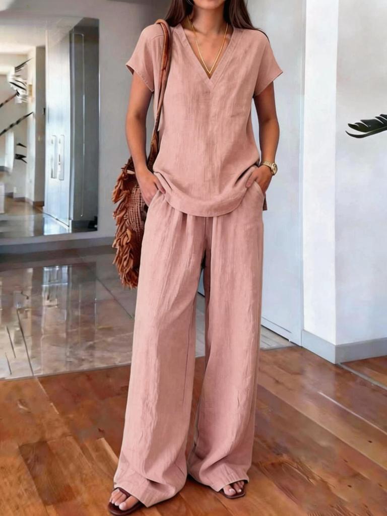 Women's V-Neck Short Sleeve Top and Wide Leg Pants Set in Light Green