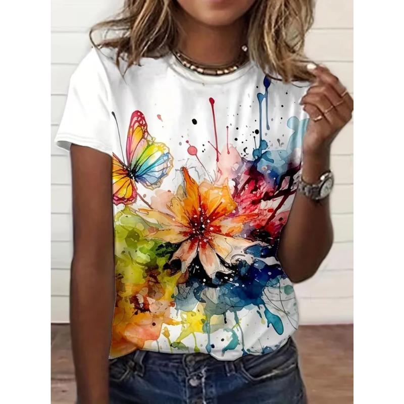 Fashion Women s Flower Short Sleeve Crew Neck T-Shirt 3D Flower Short Sleeve Crew Neck Short Sleeve XS