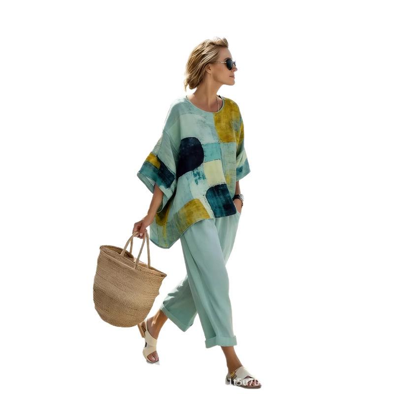 1116 New Bohemian Crew Neck 1D Full Printing Two-piece Set Women's Loose Casual Seaside Holiday Set