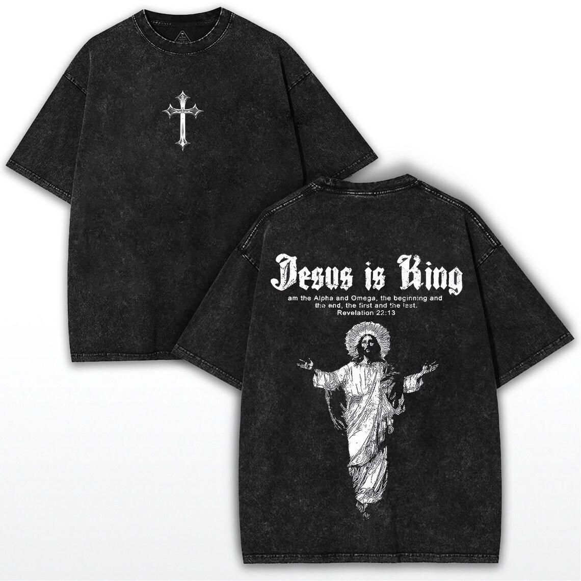 Jesus Is King TShirt Christian Cross Print Vintage Washed Cotton Retro Religious Graphic Tee Streetwear Unisex Top S