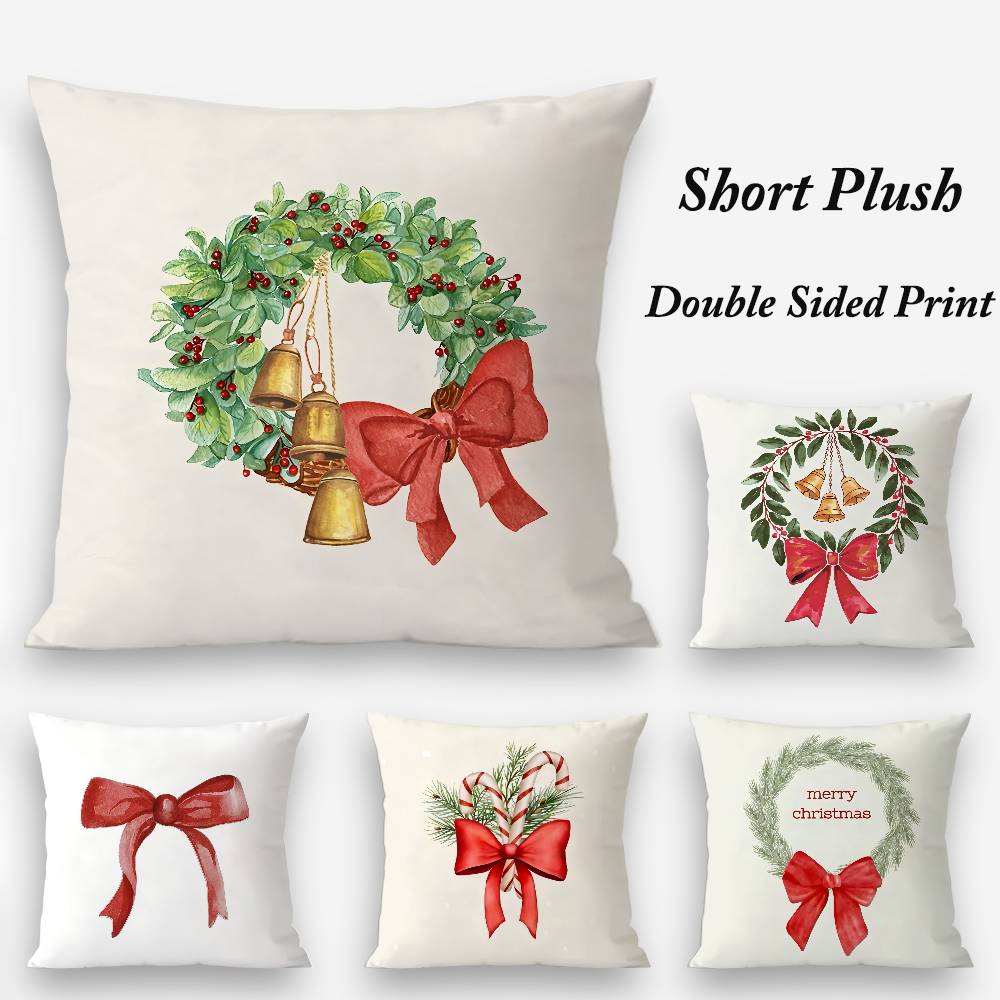 Merry Chrismas Red Bow Pillow Case Plush Fabric Soft Double Sided Print Sofa Cushion Cover Throw Pillow Covers