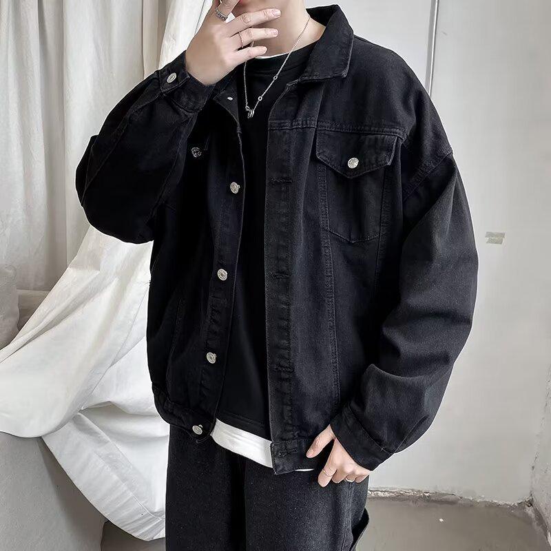 2024 Men's Loose Fit Black Denim Jacket - Korean Fashion, Retro Workwear Style