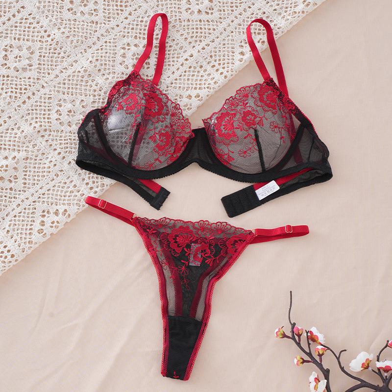 European & American Floral Embroidered Lingerie Set: Sexy Thin Bra with Side Support & Breathable Panties