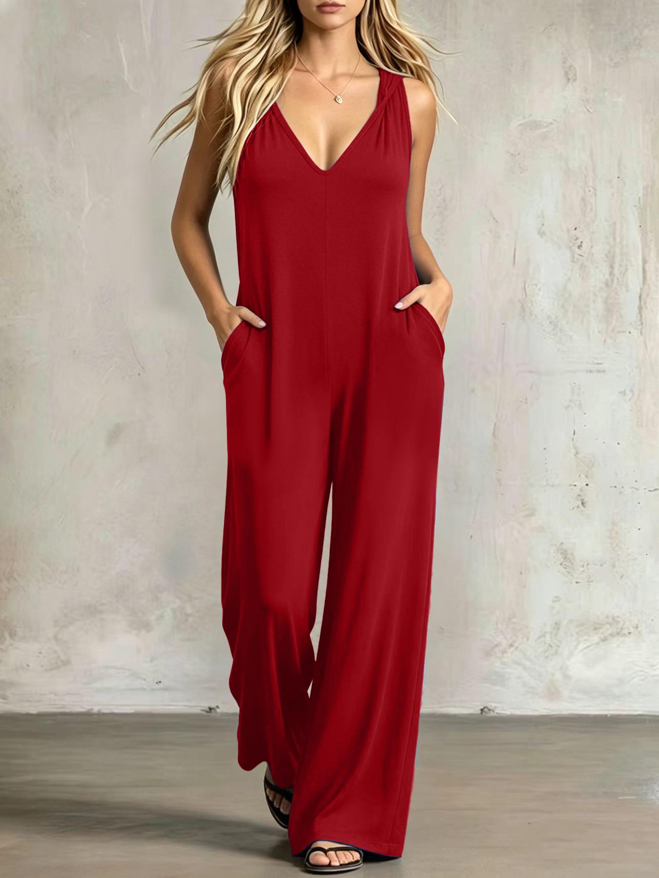 Women s Summer Casual V-neck Hooded Jumpsuit with Deep Pockets Extra Large