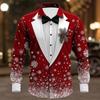 Christmas Men's Dress Shirt with Red Snowflake and Cedar Pattern, Black Lapel Bow Tie, Festive Party Style Men's Shirt