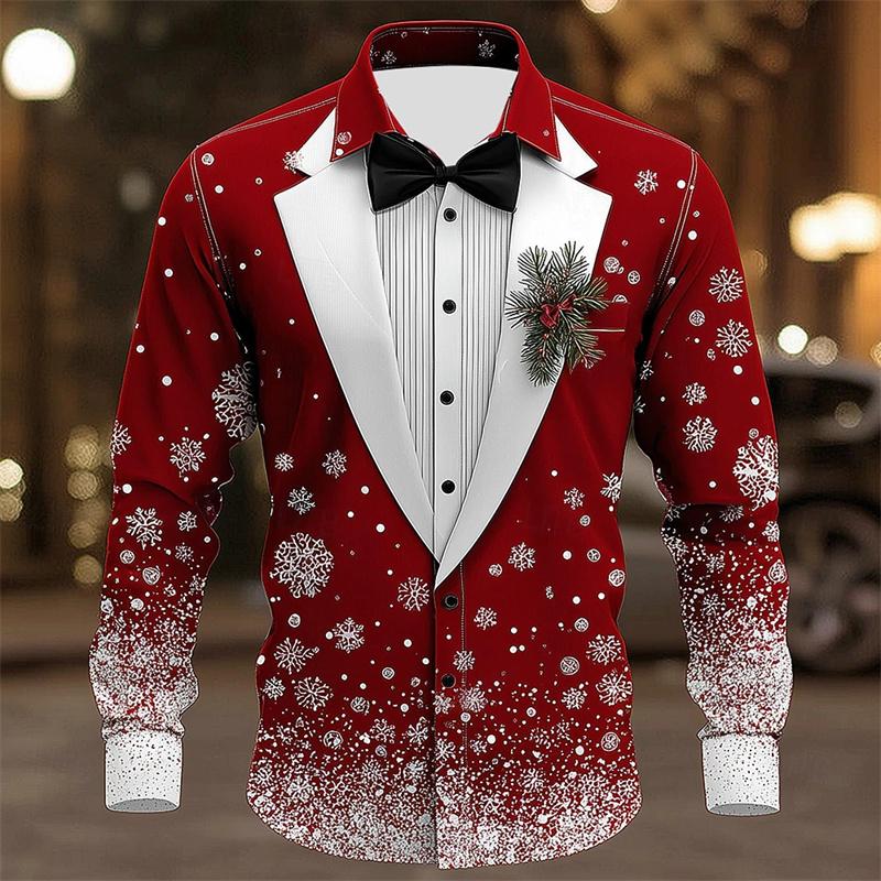 Christmas Men's Dress Shirt with Red Snowflake and Cedar Pattern, Black Lapel Bow Tie, Festive Party Style Men's Shirt