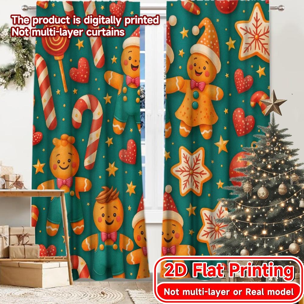 

Set Of 2 Flat Printing Gingerbread Joy Chic Creative Curtains Versatile Polyester All Suitable Bedroom Curtain Perfect For Decor W100*H70(CM)-Hooks&1PCS