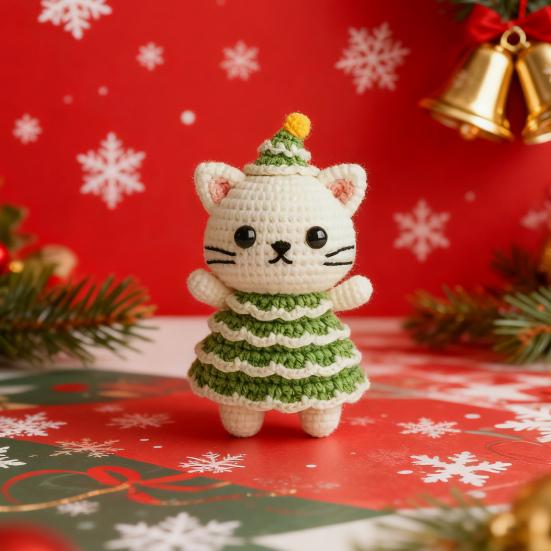 Christmas Crochet Cat Doll Patchwork Color Handcrafted Green Cream Yarns Cat Ornament Xmas Tree Decoration