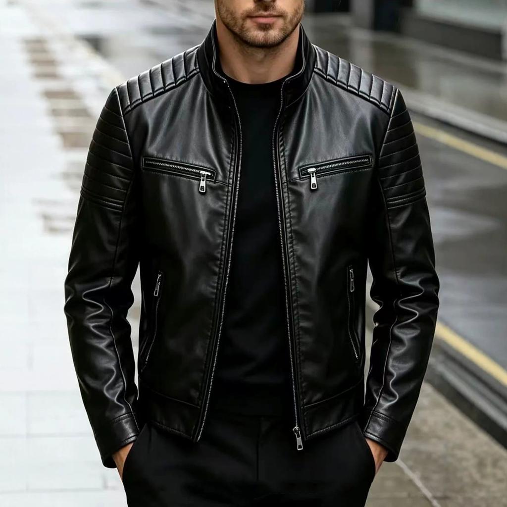 New men's PU leather jacket stand-up collar locomotive jacket spring and autumn slim leather jacket large size European size