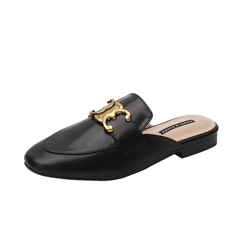 

Женские летние туфли-мюли из натуральной кожи в британском стиле, новинка 2025 года, из торгового центра, с тем же мыском, ретро, для ношения в стиле ins, полушлепанцы 35 чёрный