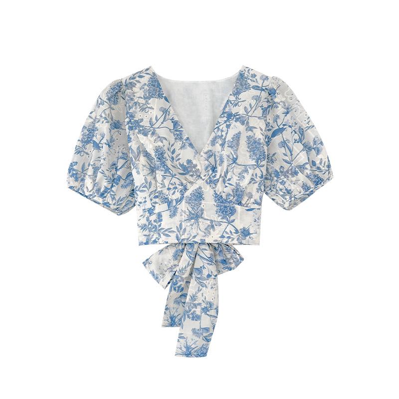

Интерпретируя Красоту Летняя Цветочная Блузка с V-образным вырезом и завязкой на талии S0717 Medium синий