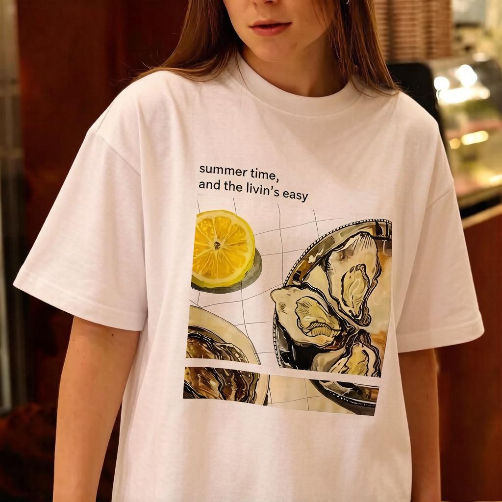 

2026 Summer New Pure Cotton European and American Casual Ocean Style Trend Retro Womens Shortsleeved Tshirt Fun and Cute 4XL