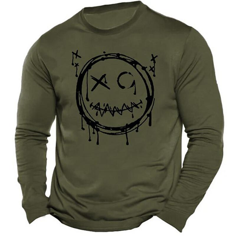 Men's Casual Autumn Breathable Long Sleeve Crewneck Printed Evil Smiley Face Pattern Clothing Y2K Top Men's Long Sleeve
