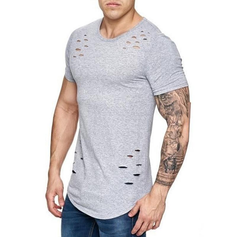 Летняя футболка мужская модная дырка состаренная фитнес футболка короткий рукав однотонная облегающая хип-хоп футболка Yasheng L серый 1370₽