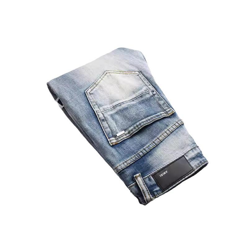Verwaschene Blaue Distressed Bestickte Herren Skinny Jeans