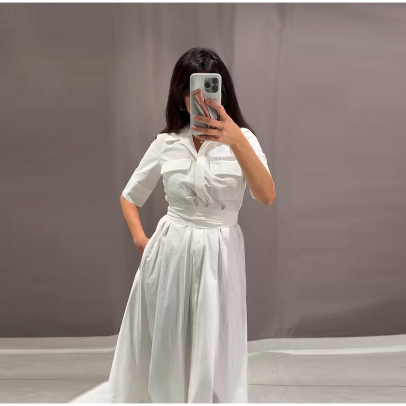Casual Striped Women Dress Lapel Single Breasted Short Sleeve Slim Waist Long Dresses New Lady Fashion Vacation Robe