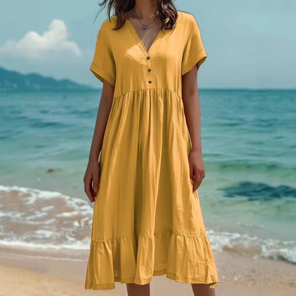 2026 Spring/Summer European & American Women's Solid Color Pleated Short Sleeve Dress