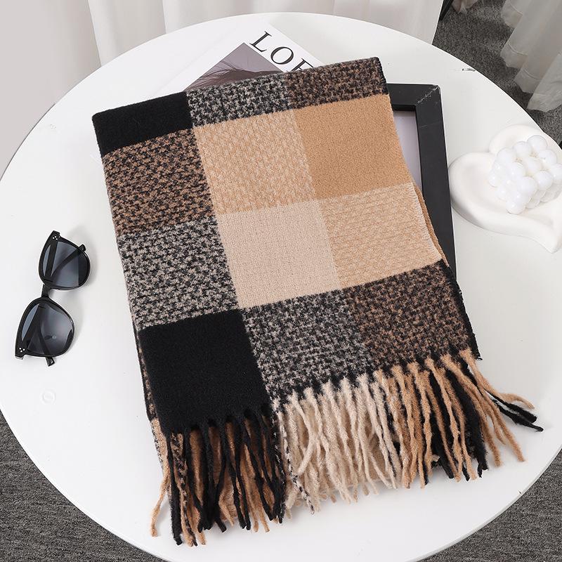 Women's Faux Cashmere Plaid Scarf - Korean Style, Thick & Warm Autumn/Winter Shawl