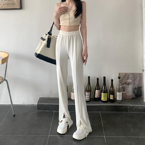Women's High Waist Flare Pants Loose Straight Leg Long Trousers Split Hem Elastic Waist Lightweight Drapey Casual Suit Pants Summer Wide Leg Pants