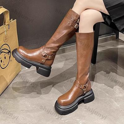 Dicke Sohle Gürtelschnalle Kniehohe Stiefel für Damen Herbstmode Klobige Absätze Damen Ritterstiefel Patchwork Plateau Botas Mujer