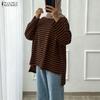 ZANZEA Women Irregular Hem Casual Round Neck Stripe Long Sleeve Blouse
