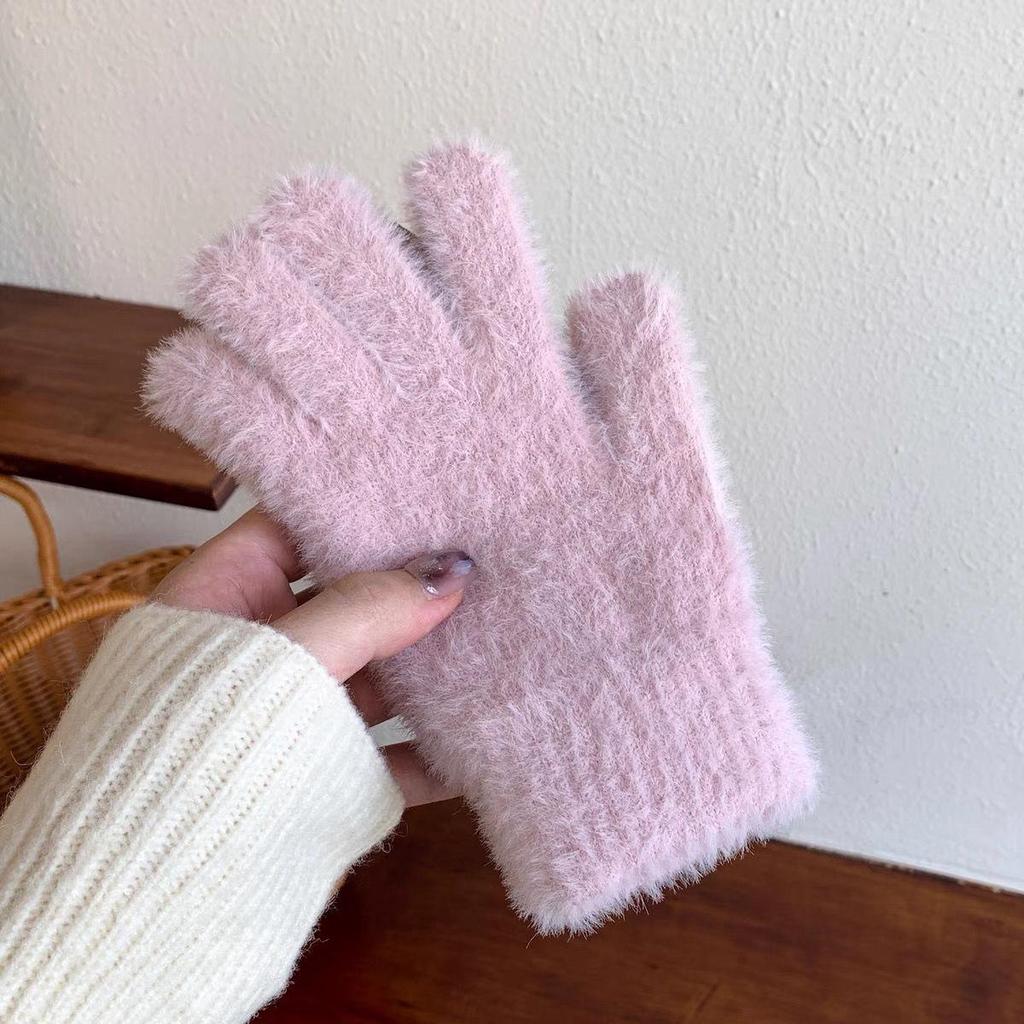 Guantes de Invierno para Mujer Estilo Coreano - Gruesos, Bonitos, de Felpa, Cálidos, de Dedo Completo, a Prueba de Frío para Ciclismo
