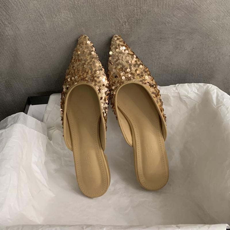 Fashion SUOJIALUN 2025 New Bling Women Sandal Fashion Pointed Toe Shallow Slip On Ladies Elegant Slingback Shoes Med Heel Pumps Shoes