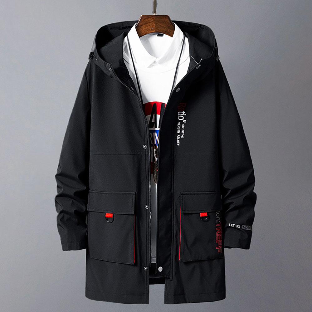 Весенне-осенняя мужская свободная ветровка средней длины с капюшоном M чёрный