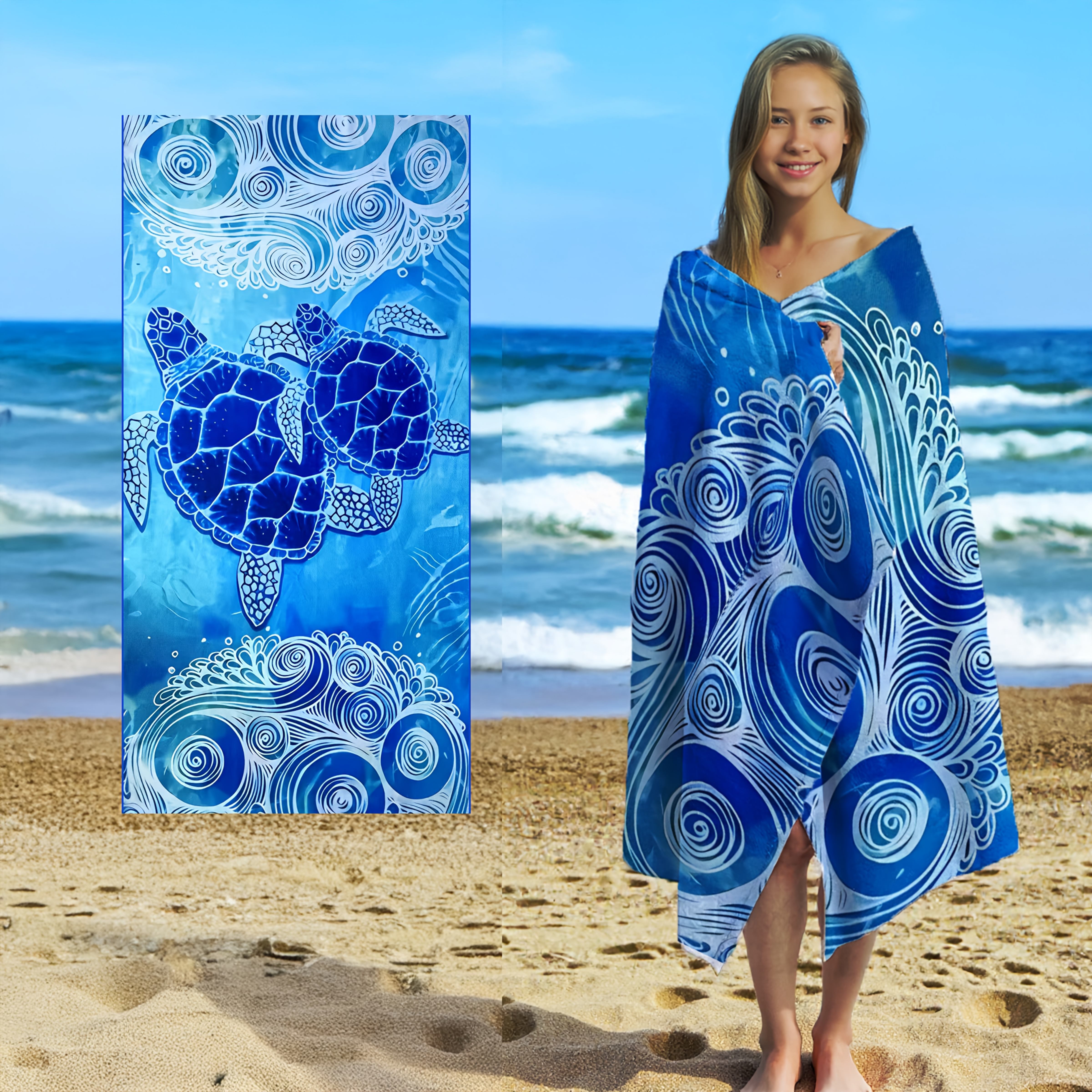 

Dolphin Turtle Beach Towel, Super Absorbent Quick Dry Microfiber Bath Towel, Nautical Print Sandproof Blanket for Beach Pool W40*H60(CM)